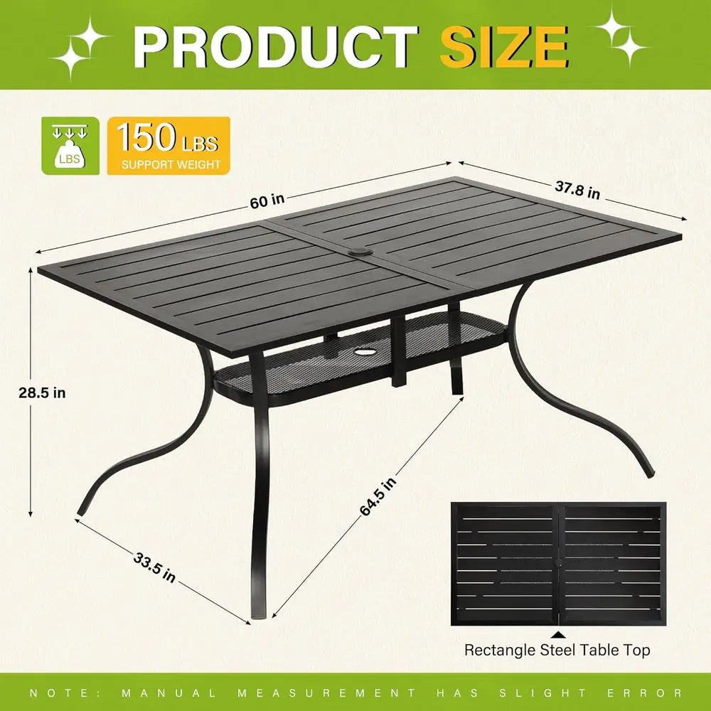 60"x36" Patio Dining Table, Outdoor Metal Recular Table Patio urniture Classic Black Table with 1.57" Umbrella Hole, or Garden B