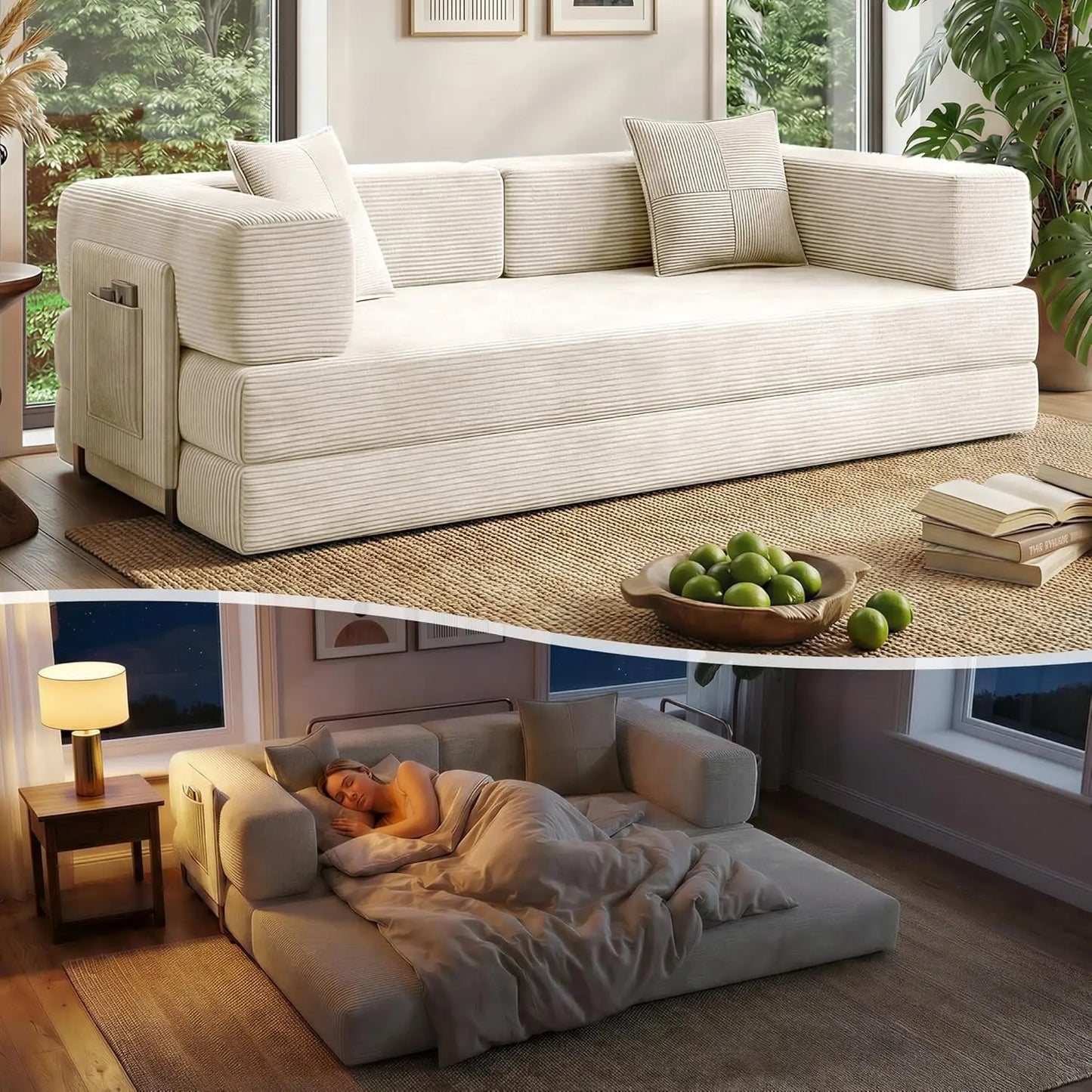 78.8" Convertible Sofa Bed with Armrest Pillow, 4-in-1 Sleeper Couch Bed for Livingroom, Modular Corduroy Boneless, Customized