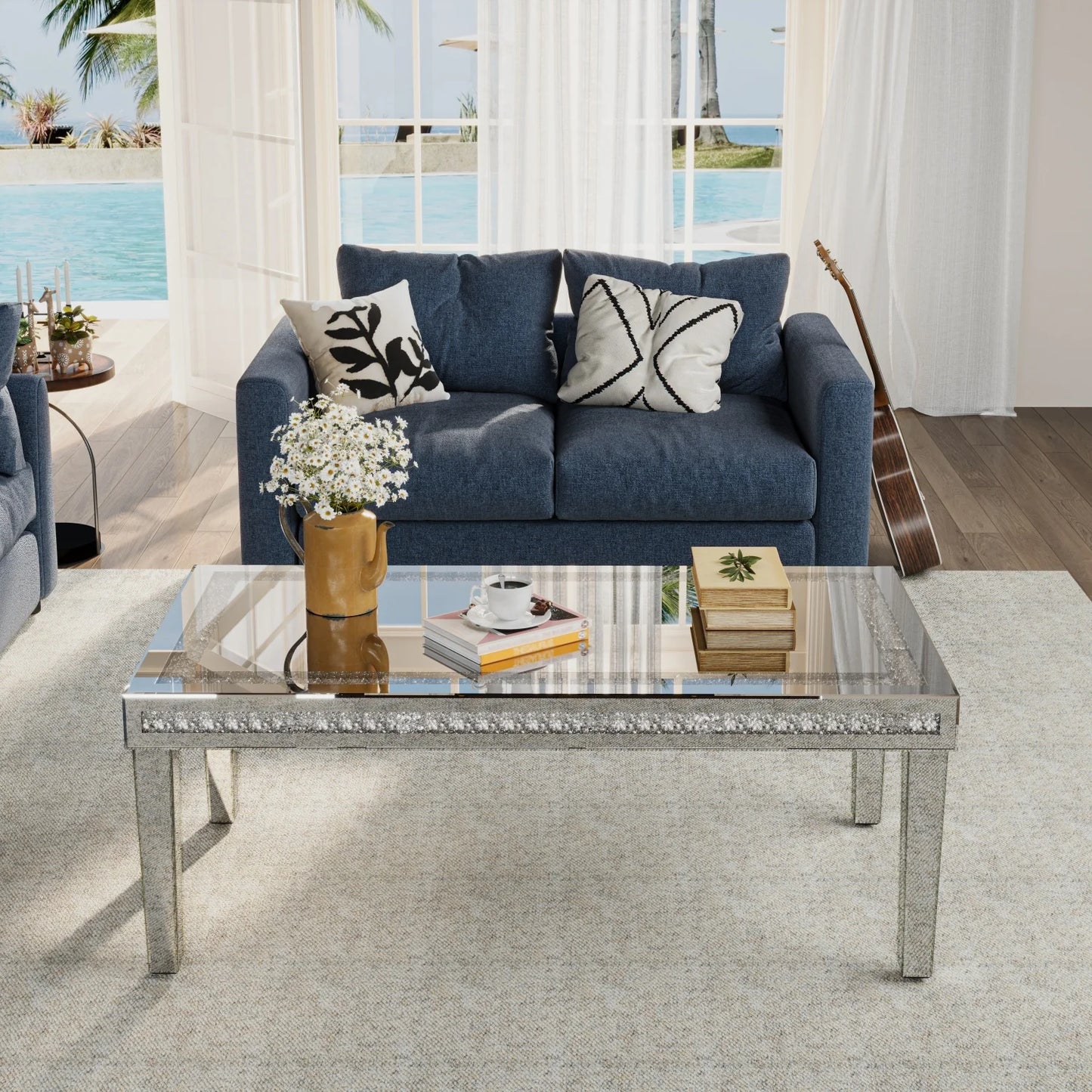Modern Rectangular Mirrored Coffee Table With Crystal Diamond Inlay Accent