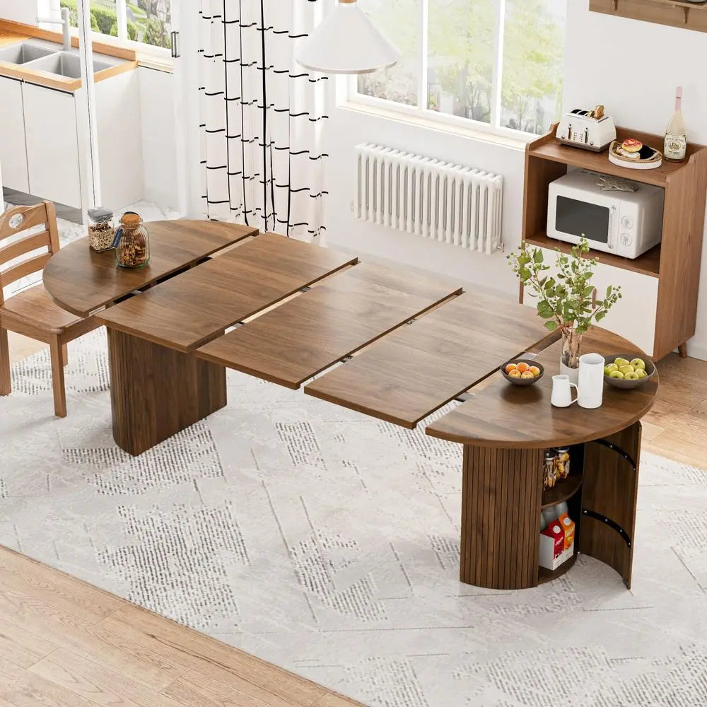 Inch Long Round Extendable Dining Table for 410, Space Saving Oval Large Dinner Kitchen Table with 3 Leaf, 2 Storage, Fluted Mi