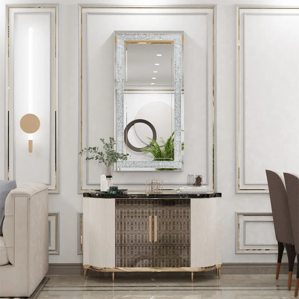 Crystal Crush Diamond Rectangle Silver Wall Mirror For Home Decoration