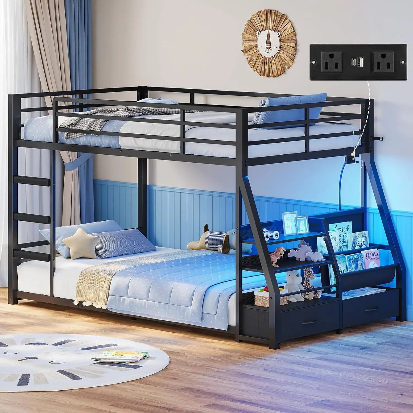 Low Bunk Bed With Bookshelves, Storage Drawers, Power Outlet, LED