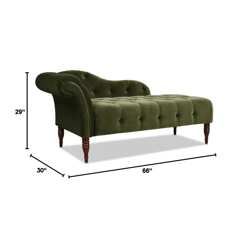 Row Tufted Roll Arm Chaise Lounge, Olive Green Velvet Upholstery, 66 L x 29 W x 30 H, KilnDried Birch Wood Frame, Medium Firm S