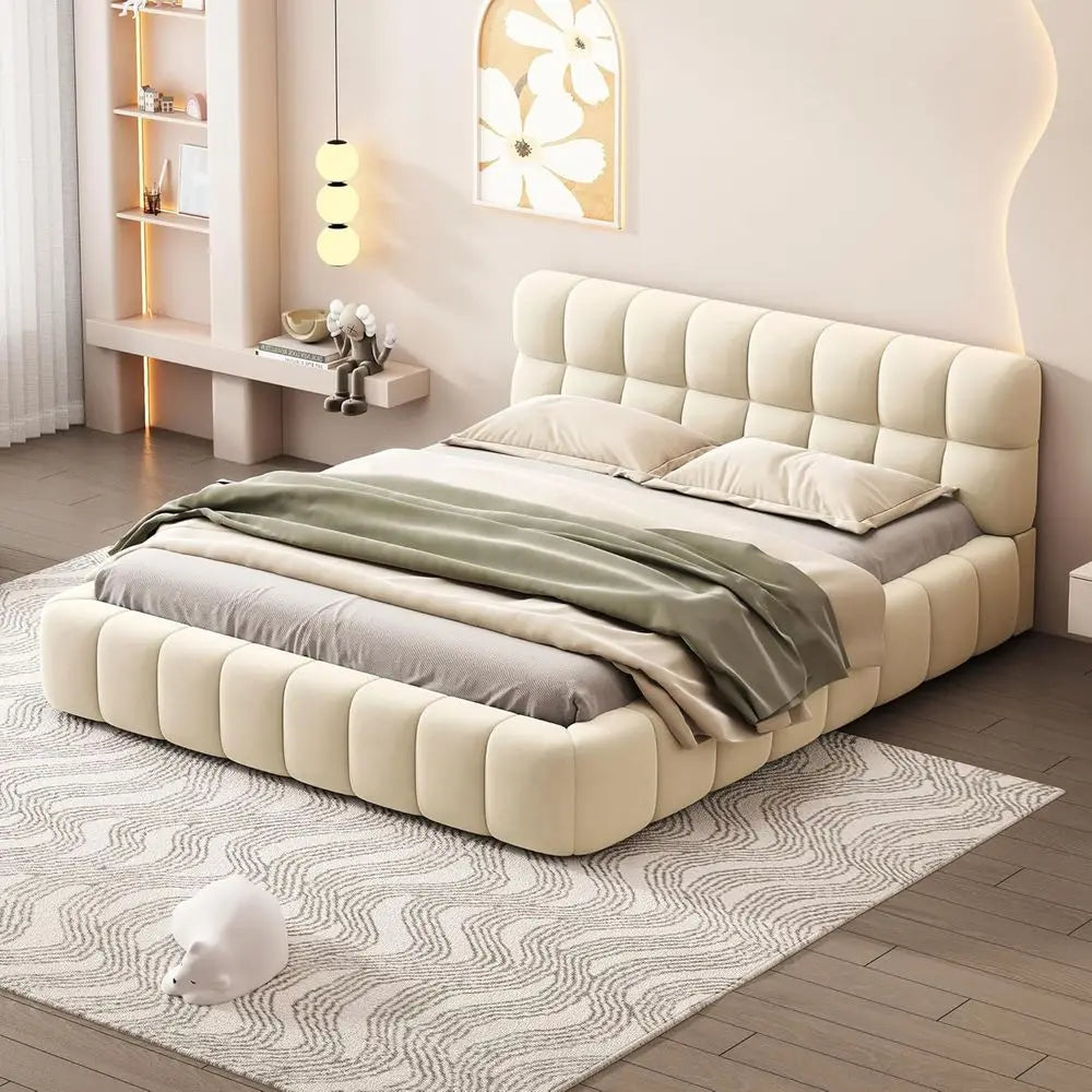 Queen Size Upholstered Platform Bed with Thick Fabric and Solid Wood, Suitable for Kids and Adults Bedroom Furniture (Beige/Grou