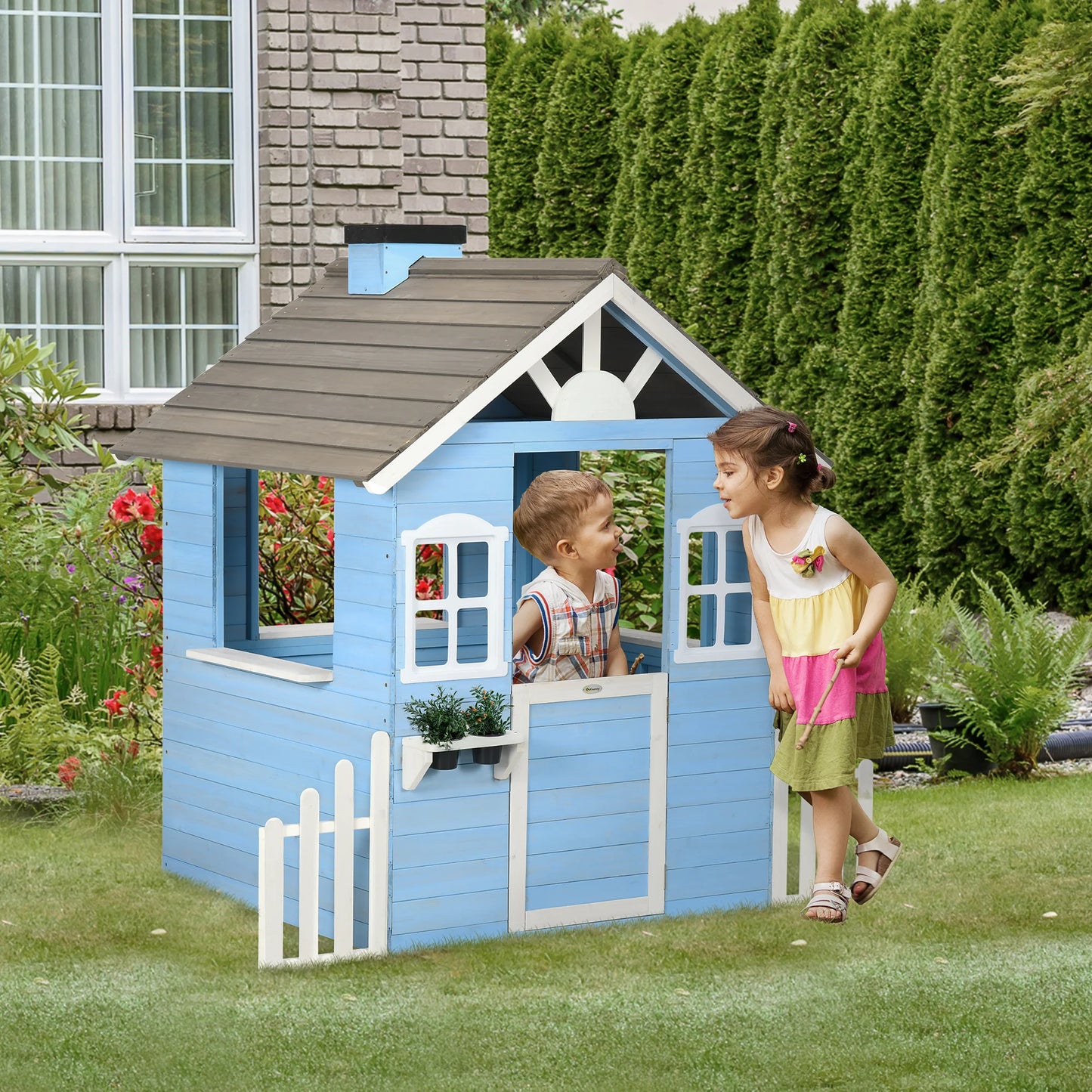 Outsunny Country Style Wooden Kids Playhouse With Flower Pot Holders