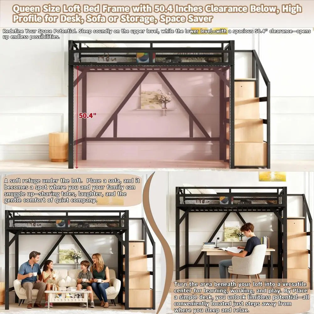 Queen Loft Bed with Storage Stairs, Shelves and Builtin Wardrobe, Metal Loft Bed Frame with USB Ports and LED Lights, NoiseRedu