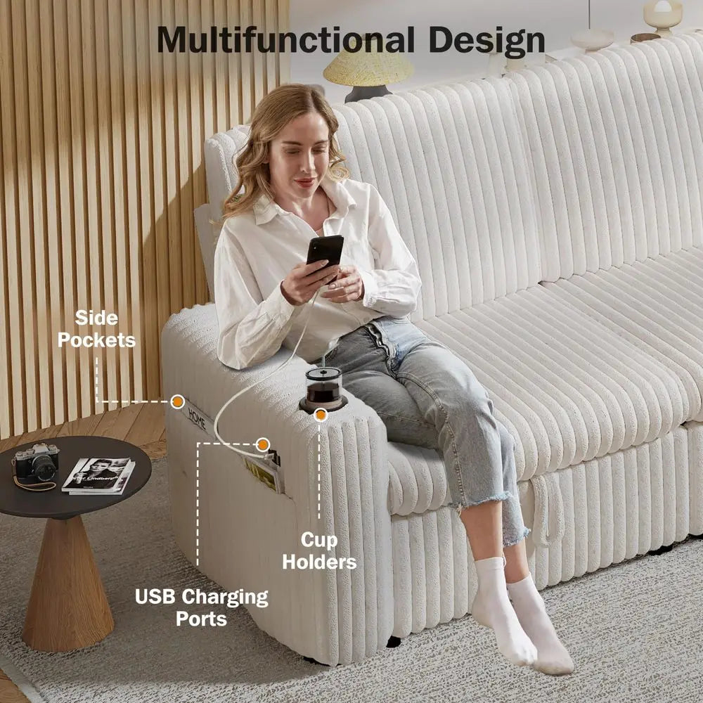 101 Plush Corduroy L Shaped Sectional Sleeper Sofa Bed with Pull Out Bed, Reclining Backrest, Reversible Storage Chaise, USB Po