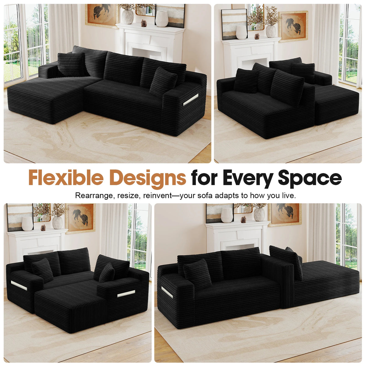 Corduroy Modular Sectional Sofa With Chaise For Living Room Furniture
