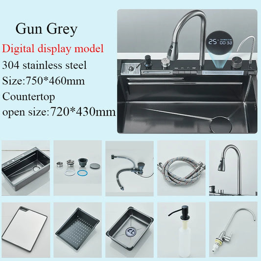 Grey Stainless Steel Waterfall Kitchen Sink Large Single Slot Integrated Digital Display Faucet Set Soap Dispenser Cup Washer