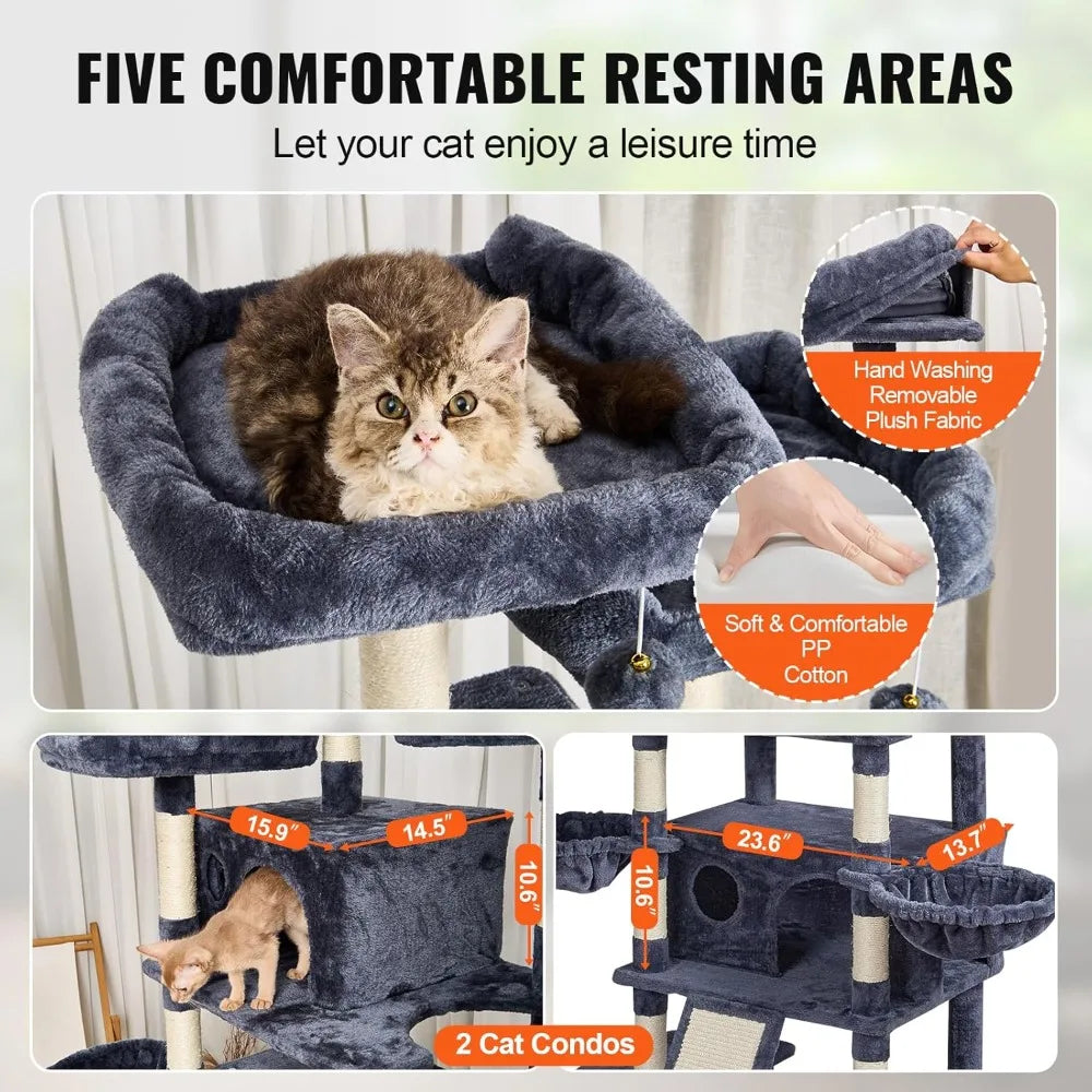 Indoor Cat Tree With Double Condos, Hammocks, And Scratching Posts