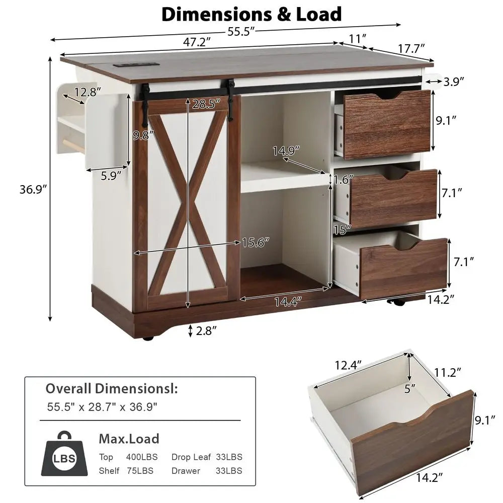 Rolling Kitchen Island with Power Outlet and Drop Leaf, Mobile Kitchen Island Table on Wheels with Barn Door Storage Cabinet, S