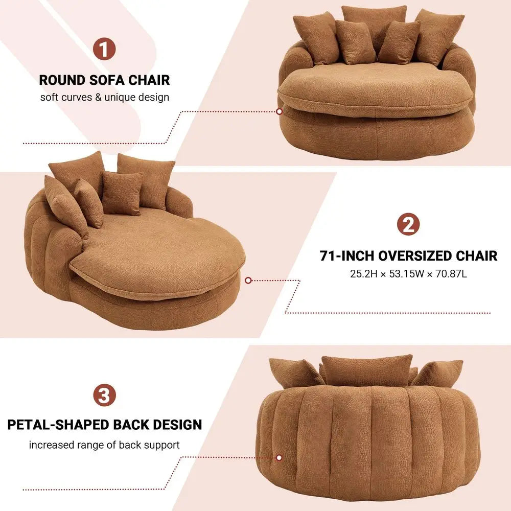 Oversized Round Chair, Giant Bean Bag Couch Chairs for Adults, Fluffy Chenille Boneless Couch Circle Bed with 5 Pillows, Extra
