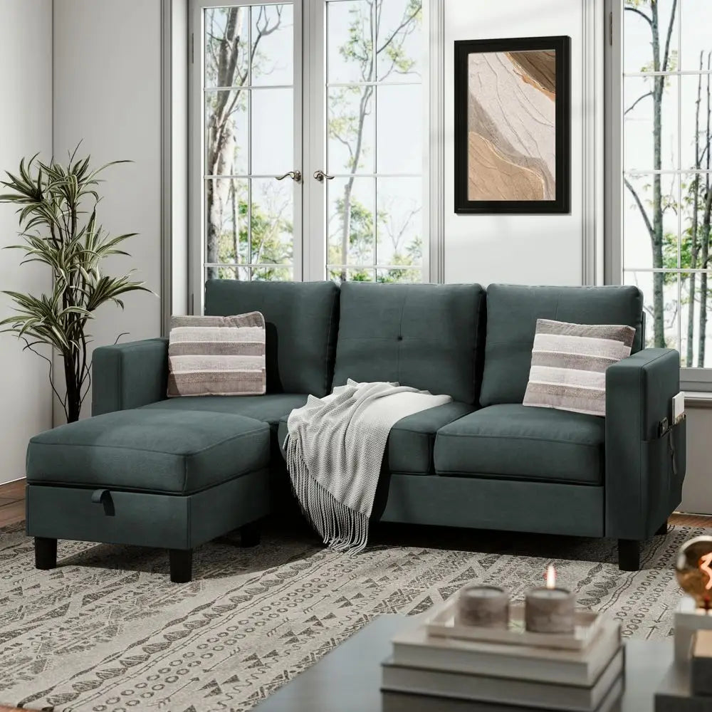 Convertible LShaped Sectional Sofa with Reversible Storage Ottoman, 3Seat Modern Fabric Couch for Living Room, Small Space Apar