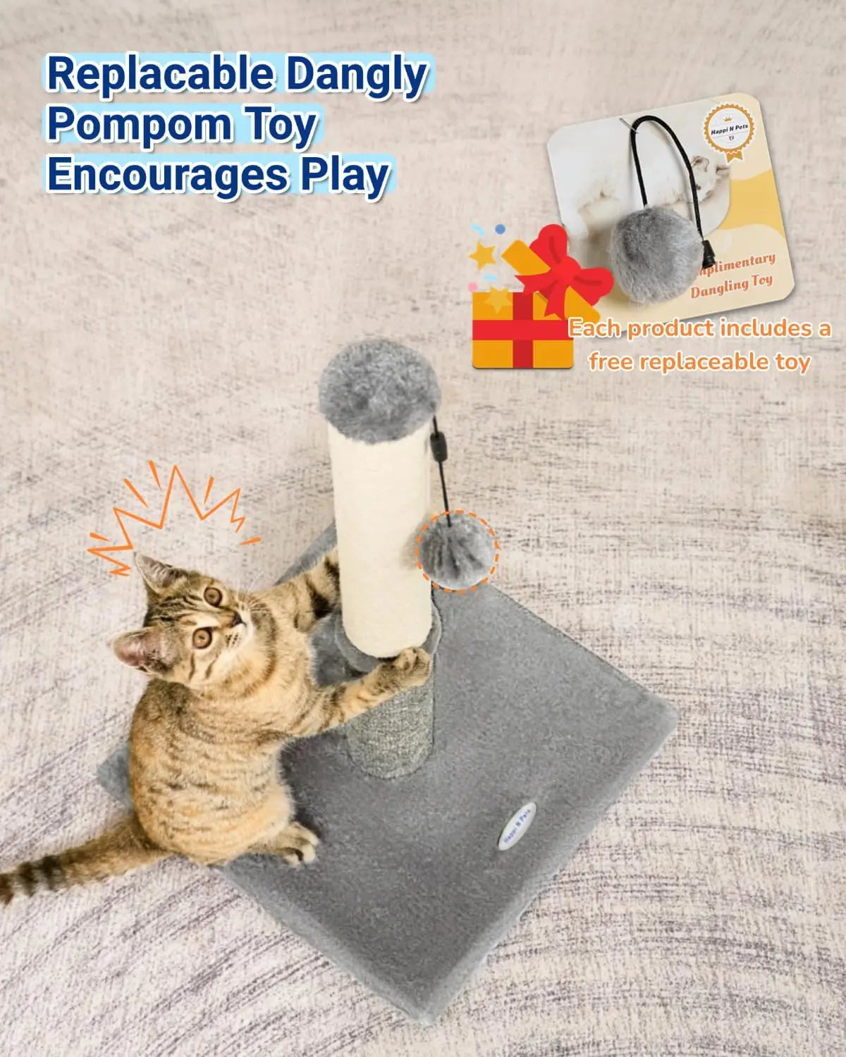 Cat Scratching Post for Indoor Cats, Sisal and Carpet Dual-Surface Scratcher with Replaceable Toy, Light Gray