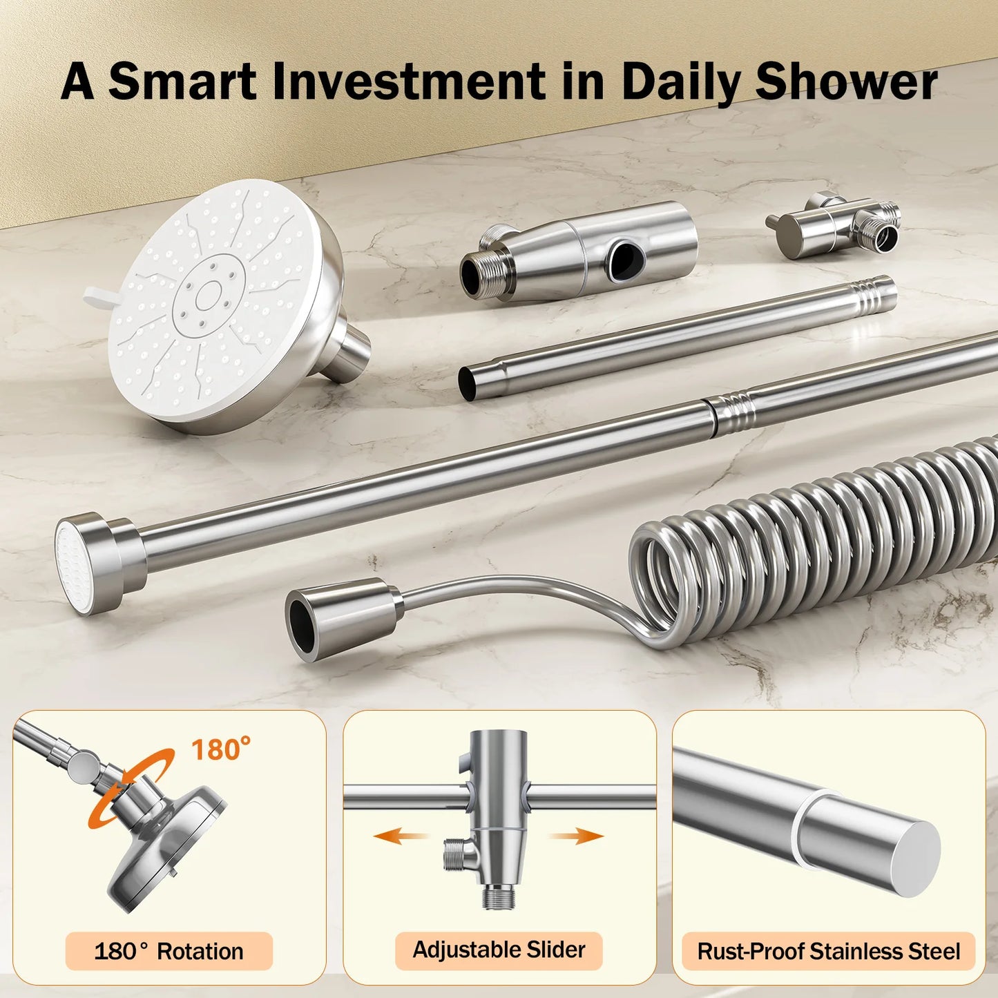Tandem Dual Shower Head Adjustable Slider High Pressure Stainless Steel Wall Mounted