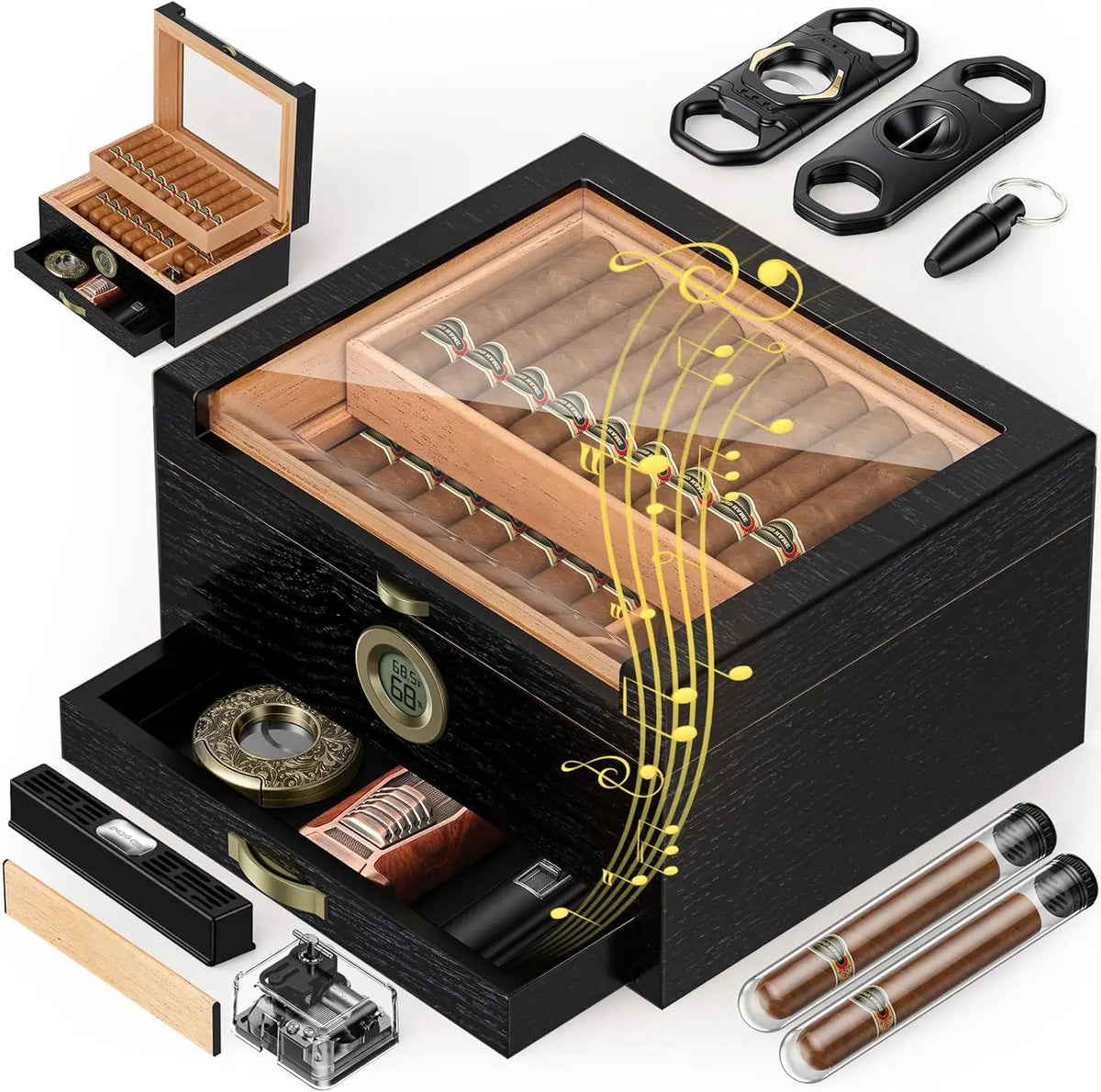 Cigar Humidor With Music Box, Cedar Tray And Digital Hygrometer