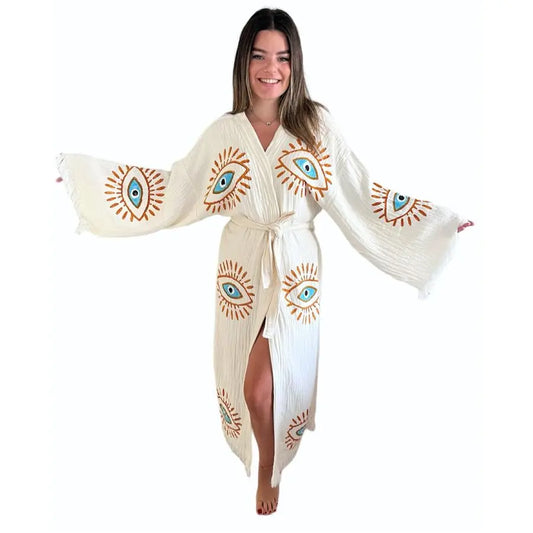 Evil Eye Kimono Beach Cover Up Boho Cotton Robe Festival