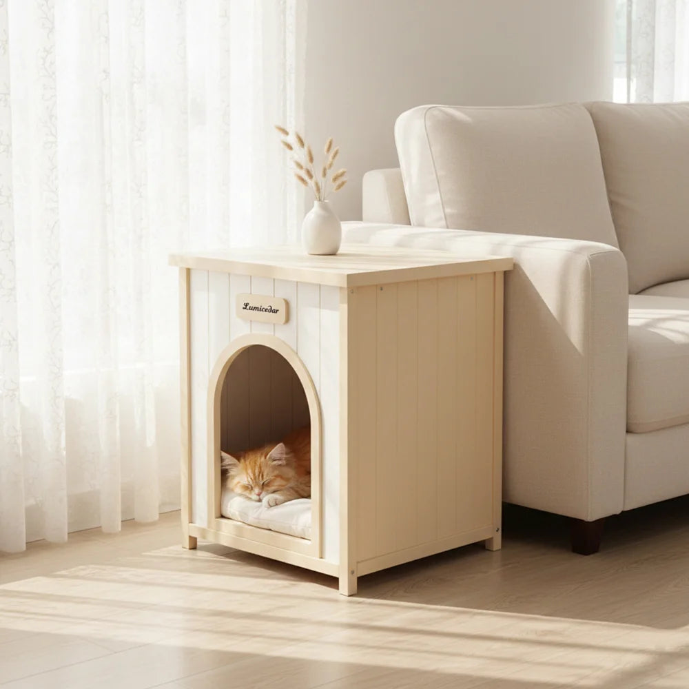 Modern Indoor Wooden Dog House with Removable Cushion – Solid Cedar Pet House for Small Dogs & Cats, Furniture-Grade Scandinavian Design