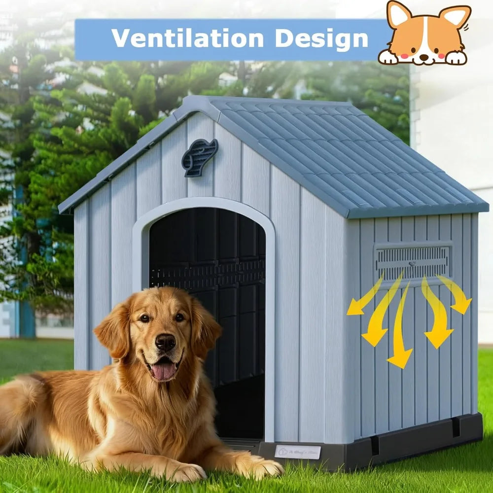PUKAMI Weatherproof Plastic Dog House With Ventilated Outdoor Shelter