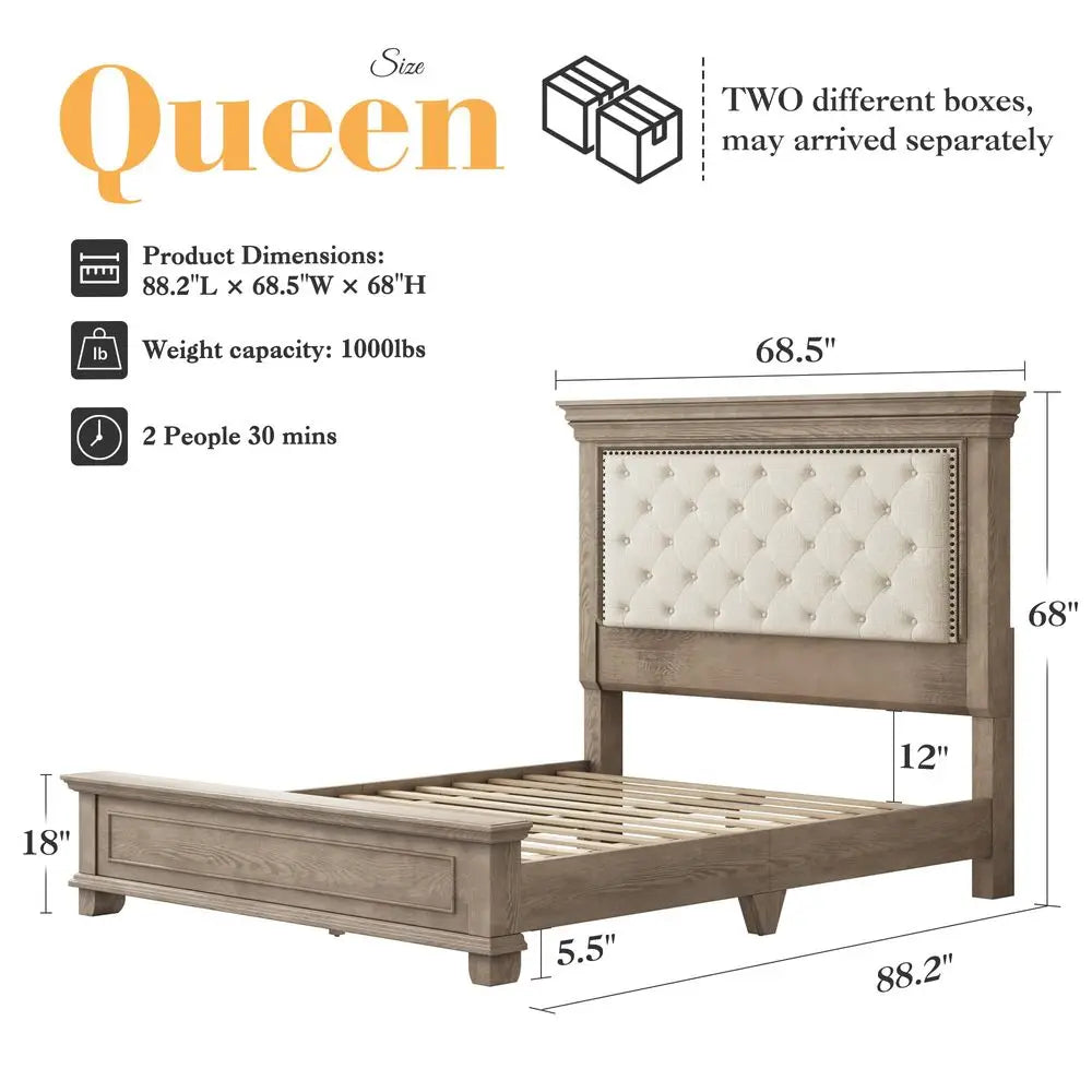 Solid Pine Wood Queen Bed Frame with 69 High Upholstered Headboard, Transitional Style Platform Bed, No Box Spring Needed amp E