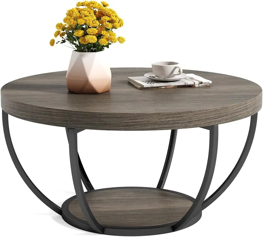 Little Tree Marble Circle Coffee Table With Open Storage And 2-Tier Metal Legs