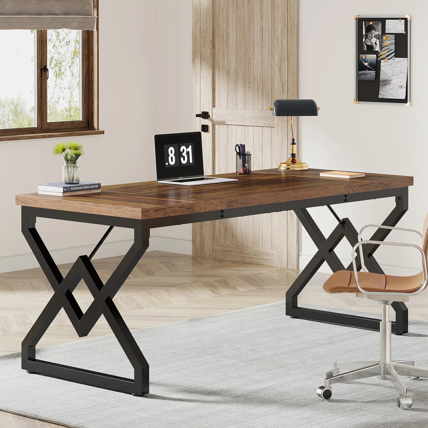 Tribesigns 63" Large Industrial Executive Desk with Extra Thickened Tabletop & Metal Frame, Heavy-Duty Home Office Desk