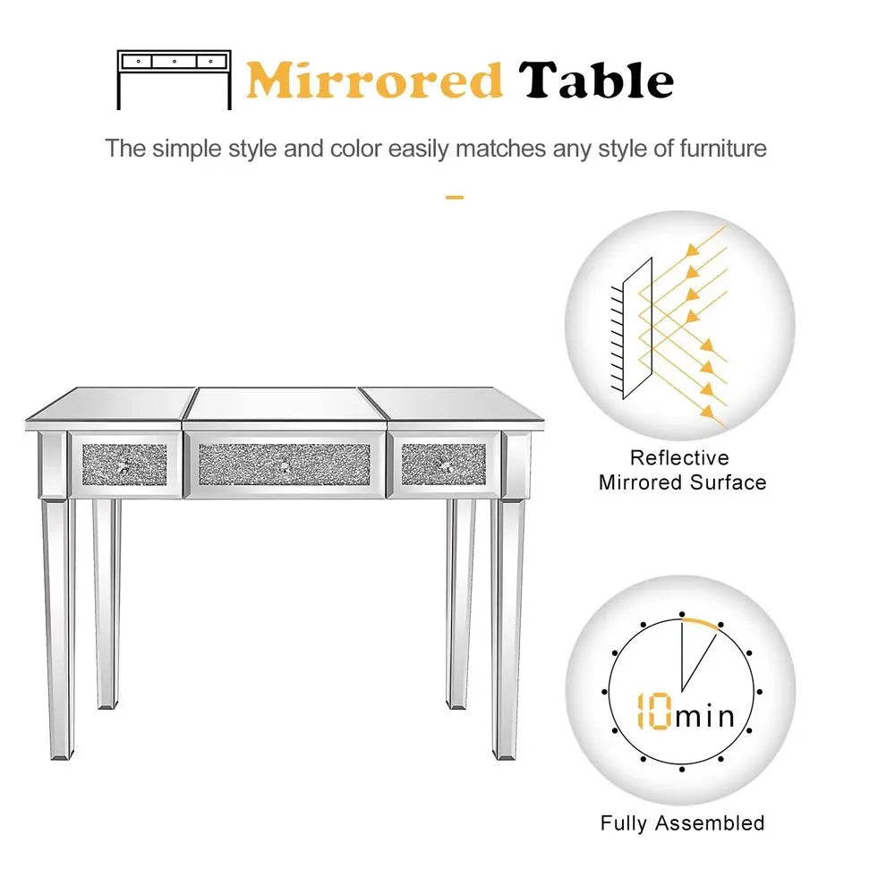 Mirrored Vanity Table, Silver Vanity Desk with FlipUp Mirror, 3 Drawers, Glass Crushed Diamond, Bling Mirror Vanity Desk for Wo