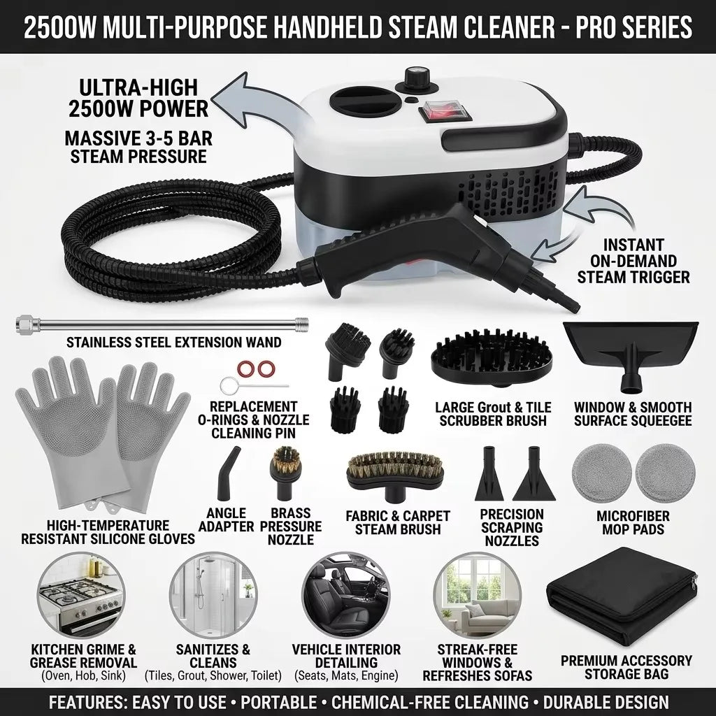 New Universal 2500W Handheld Steam Cleaner High Pressure Household Car Steam Cleaning Machine Portable Multi Purpose For Home Kitchen Bathroom Carpet Sofa Floor Window Tile Grime Removal Durable Easy Use With Nozzle Brush Sto