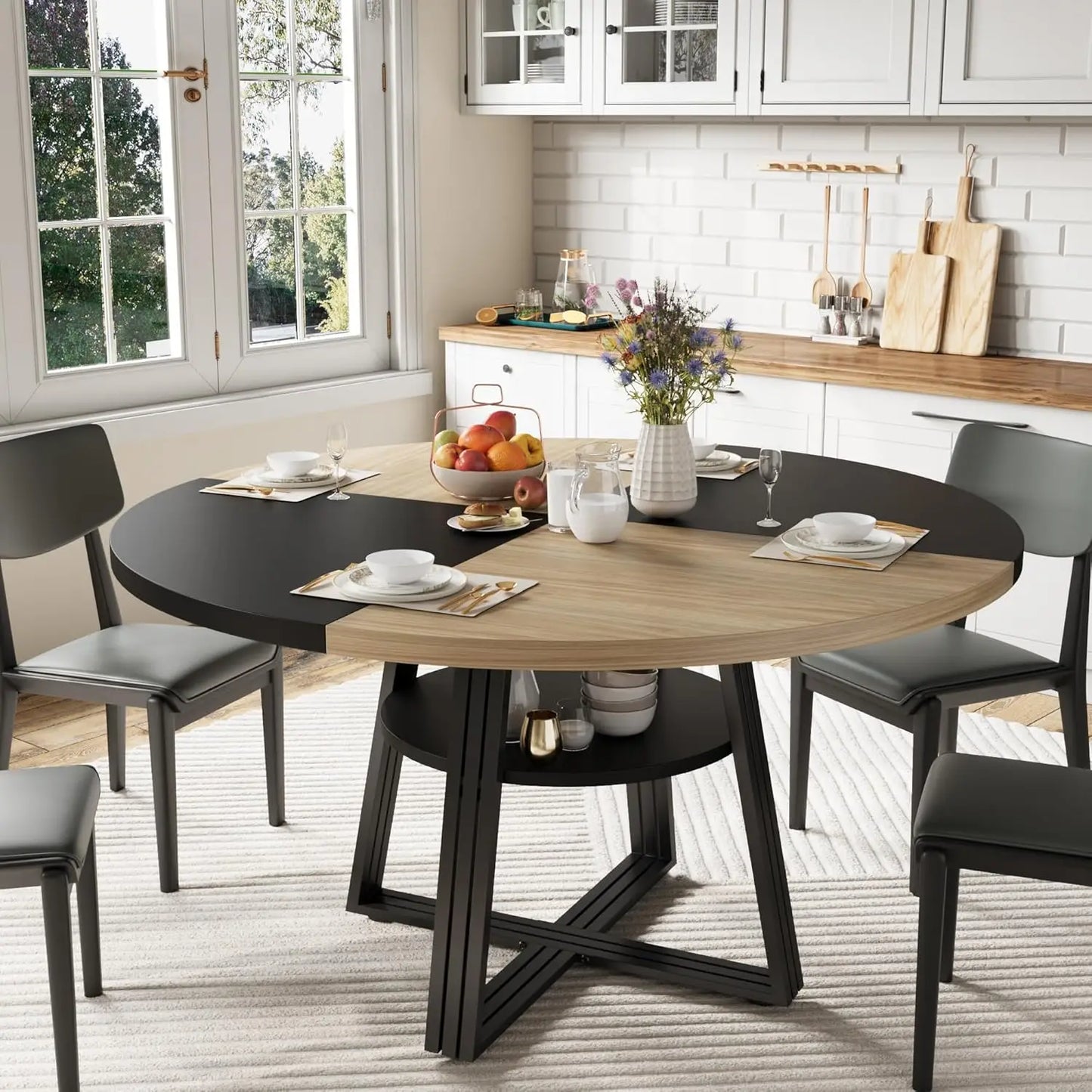 HobbyLane Farmhouse Round Dining Table With Open Storage Shelf