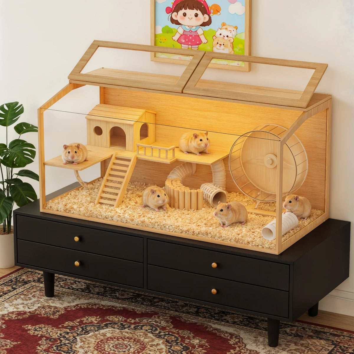 Natural Wooden Hamster Cage Habitat Dual Access Door Built-in Light Animal Cabinet Tabletop Hamsters Habitat for Small Pets