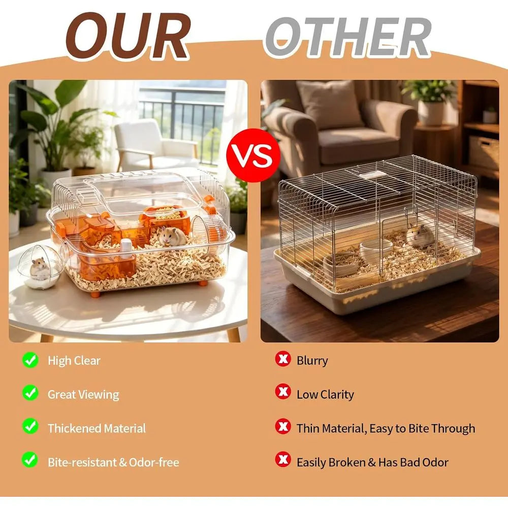 Compact 14.17x10.24x10.24 Hamster Cage with External Bath | Transparent PET Enclosure for Mice, Gerbils, Small Pets