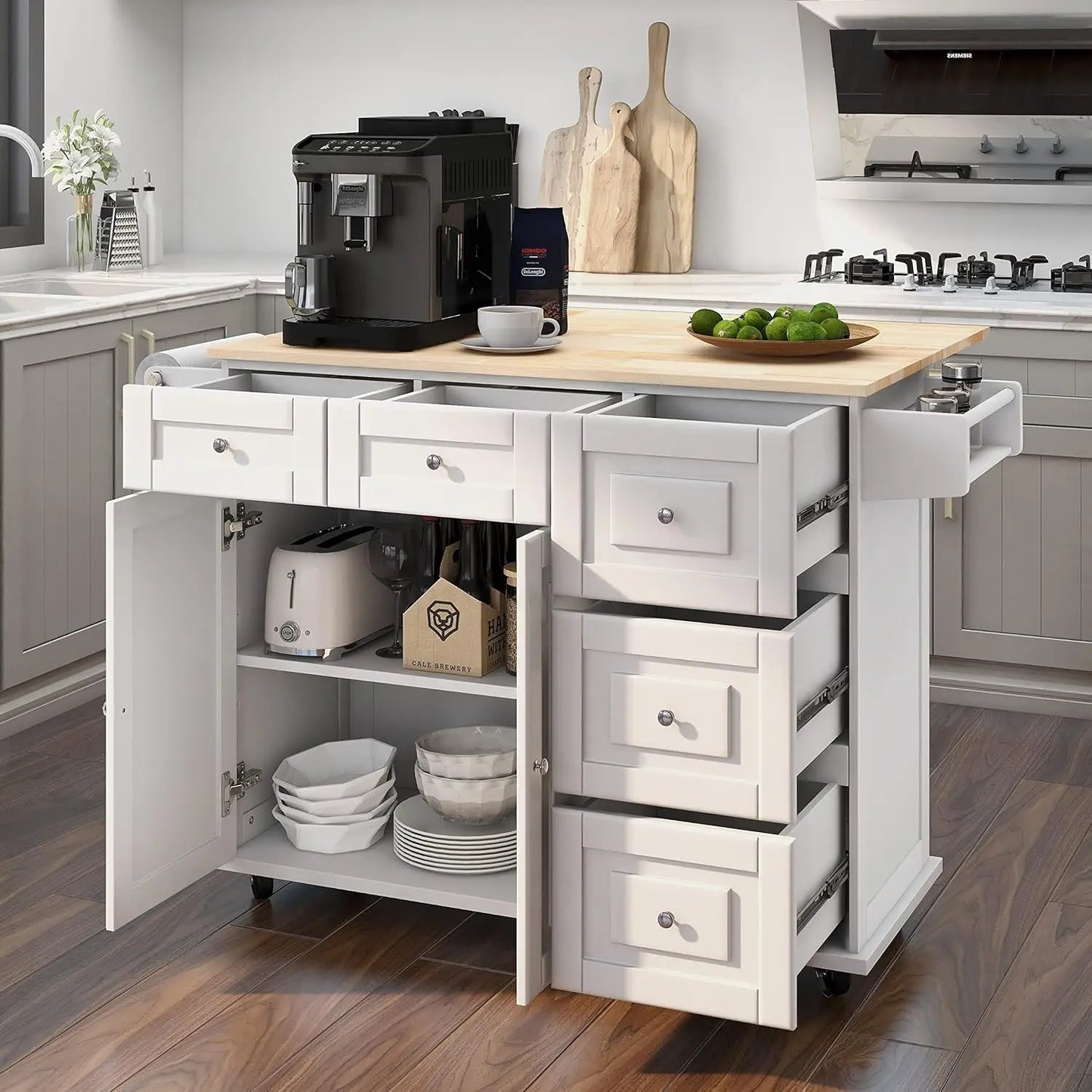 52" Mobile Kitchen Island with Drop Leaf, Rubberwood Top, Spice Rack, Adjustable Shelves, 5 Drawers, Rolling Cart, White, Custom