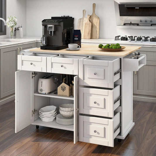 52" Mobile Kitchen Island with Drop Leaf, Rubberwood Top, Spice Rack, Adjustable Shelves, 5 Drawers, Rolling Cart, White, Custom