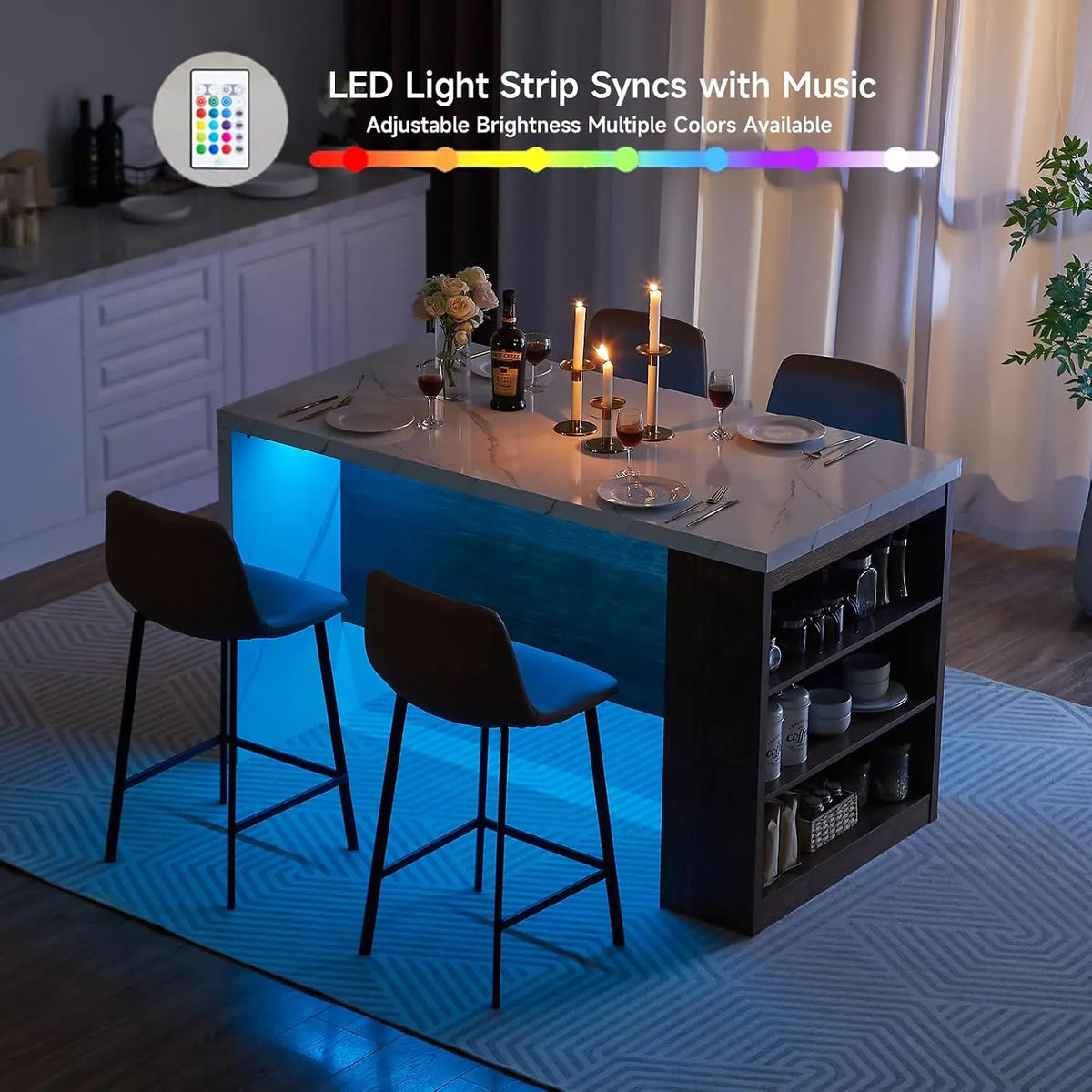 ONBRILL Modern Kitchen Island Table With Storage And LED Lighting