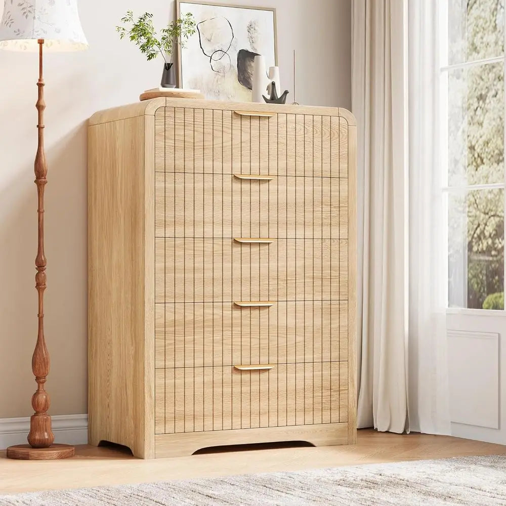 5 Drawer Tall Dresser with Curved Profile Design, Suitable for Bedroom, Natural Oak Finish
