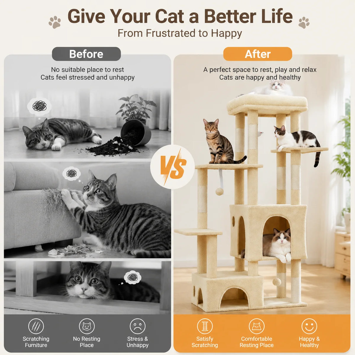 61 Inch Large Cat Tree Tower with 7 Scratching Posts 2 Cat Condos Top Perch Multi Level Cat Climbing Tree Furniture with Hanging Toys Anti Toppling Design for Indoor Cats Multi Cat Homes