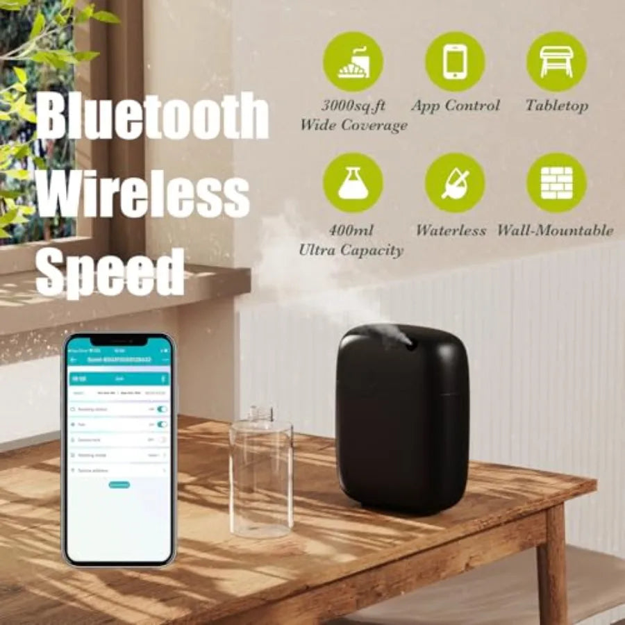 Hotel scent diffuser for aromatherapy, waterless essential oil diffuser with Bluetooth control, 400ml capacity, black, wall mou