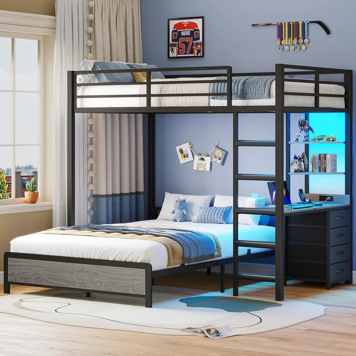 Twin Over Full Bunk Bed with Desk, Bunk Beds Twin Over Full Size with Charging Station & Led Lights, Storage, Customized