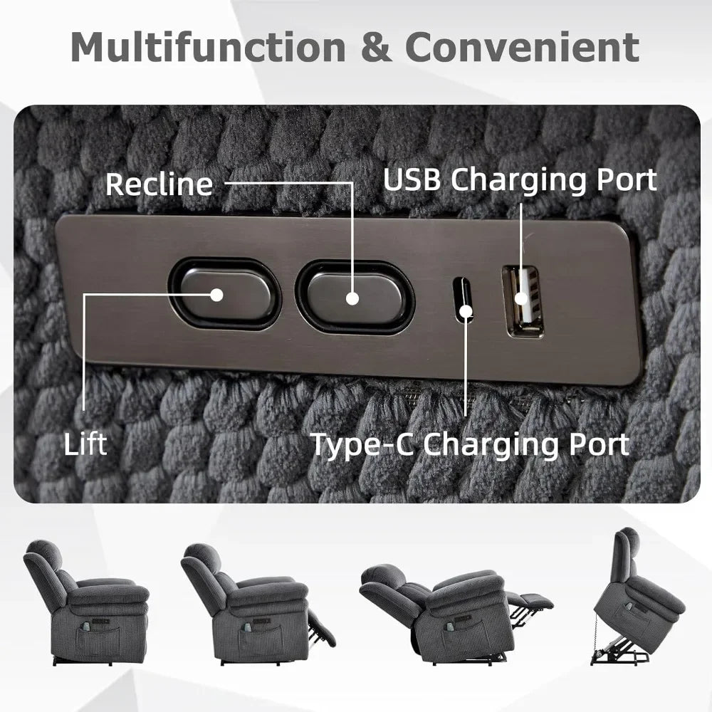 46" Oversize Power Lift Recliner Chair, Extra Large Electric Recliner for Elderly, Massage Heat USB-C, Grey