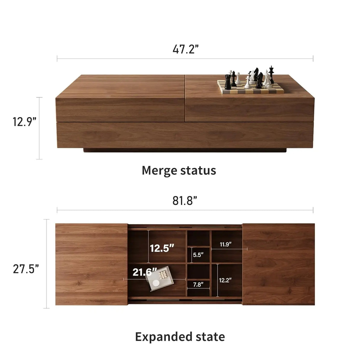 Mid-Century Modern Farmhouse 47.2-81.8" Expandable Coffee Table，Adjustable Center Table with Large Storage for, Customized