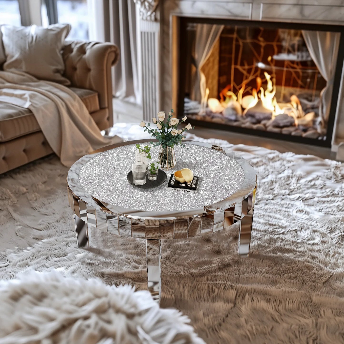 Modern Round Mirrored Coffee Table With Crystal Inlay And Glass