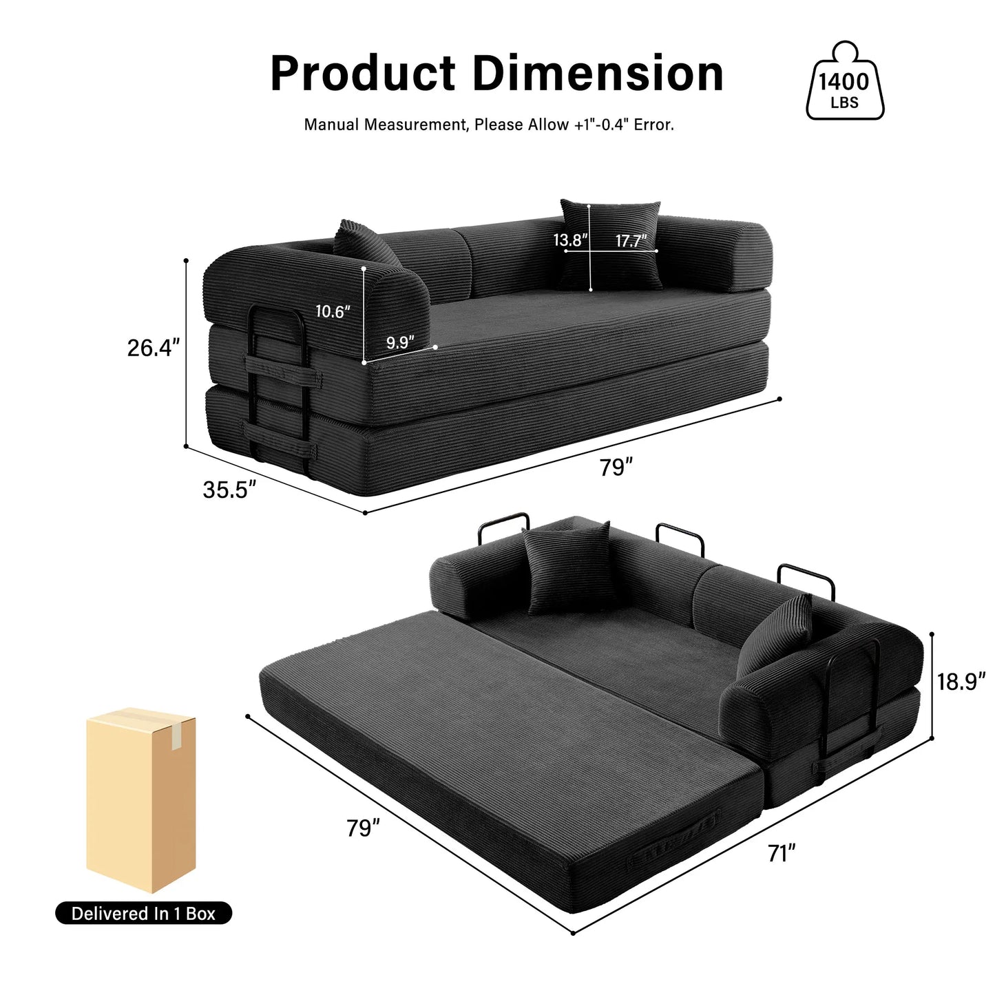 Convertible Futon Sofa Bed Foldable Couch With L Shaped Arms
