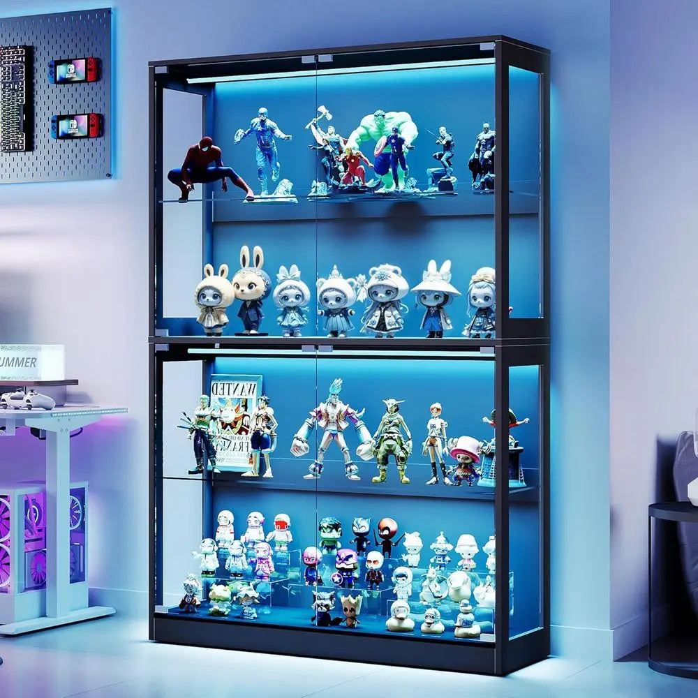 4-Tier LED-Illuminated Glass Display Cabinet with Adjustable Shelves for Collectibles, Black, 70H x 45L x 16D