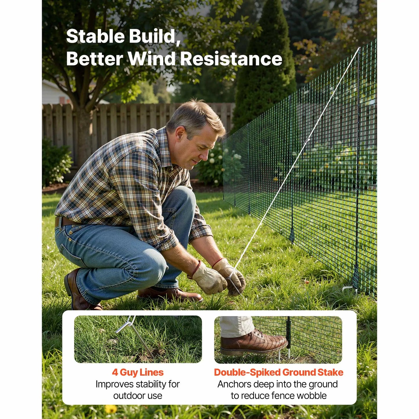 SucceBuy Temporary Fence with Posts Plastic Mesh Fencing with Double-Spike Stakes & Guy Ropes Temporary Dogs Fence Outdoor Yards