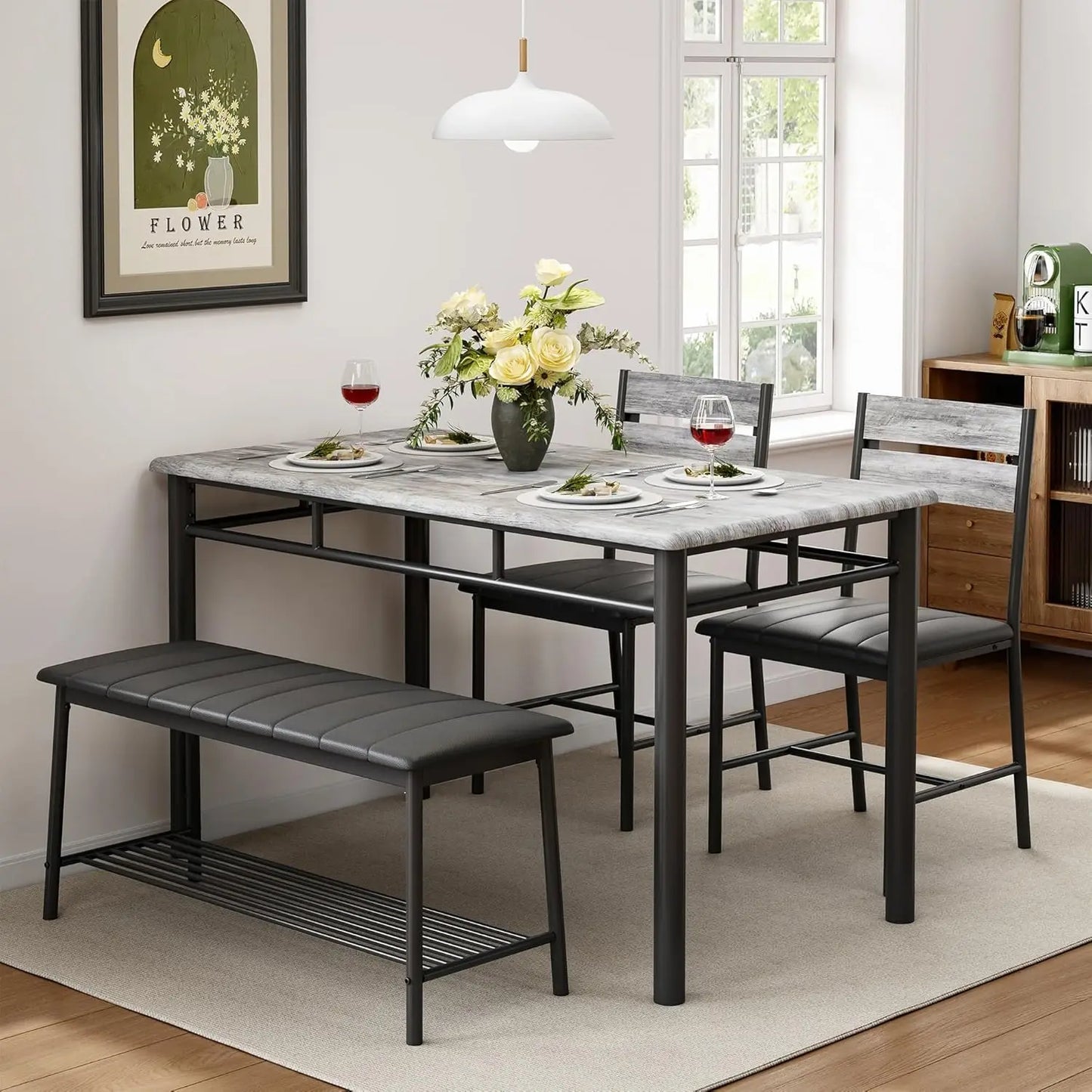 IRONCK Dining Table Set With Upholstered Bench And Two Chairs