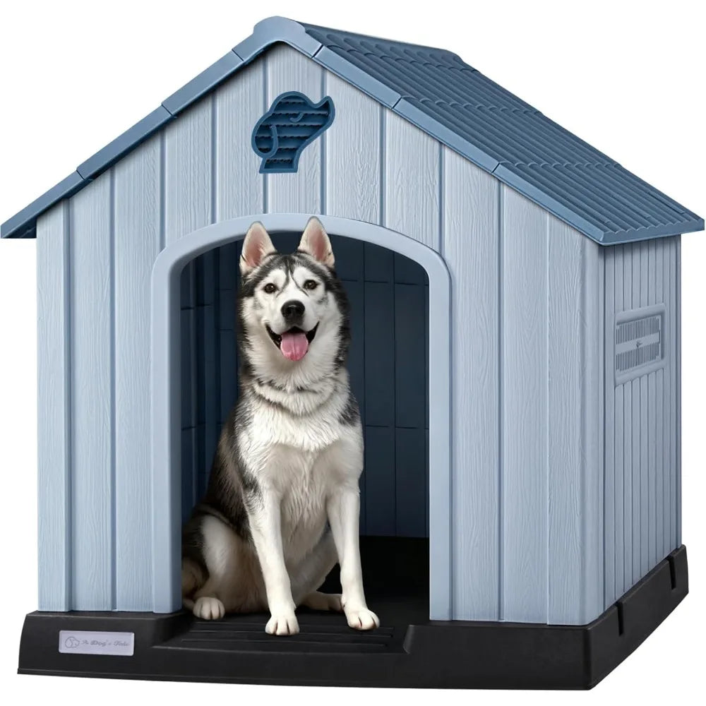 PUKAMI Weatherproof Plastic Dog House With Ventilated Outdoor Shelter