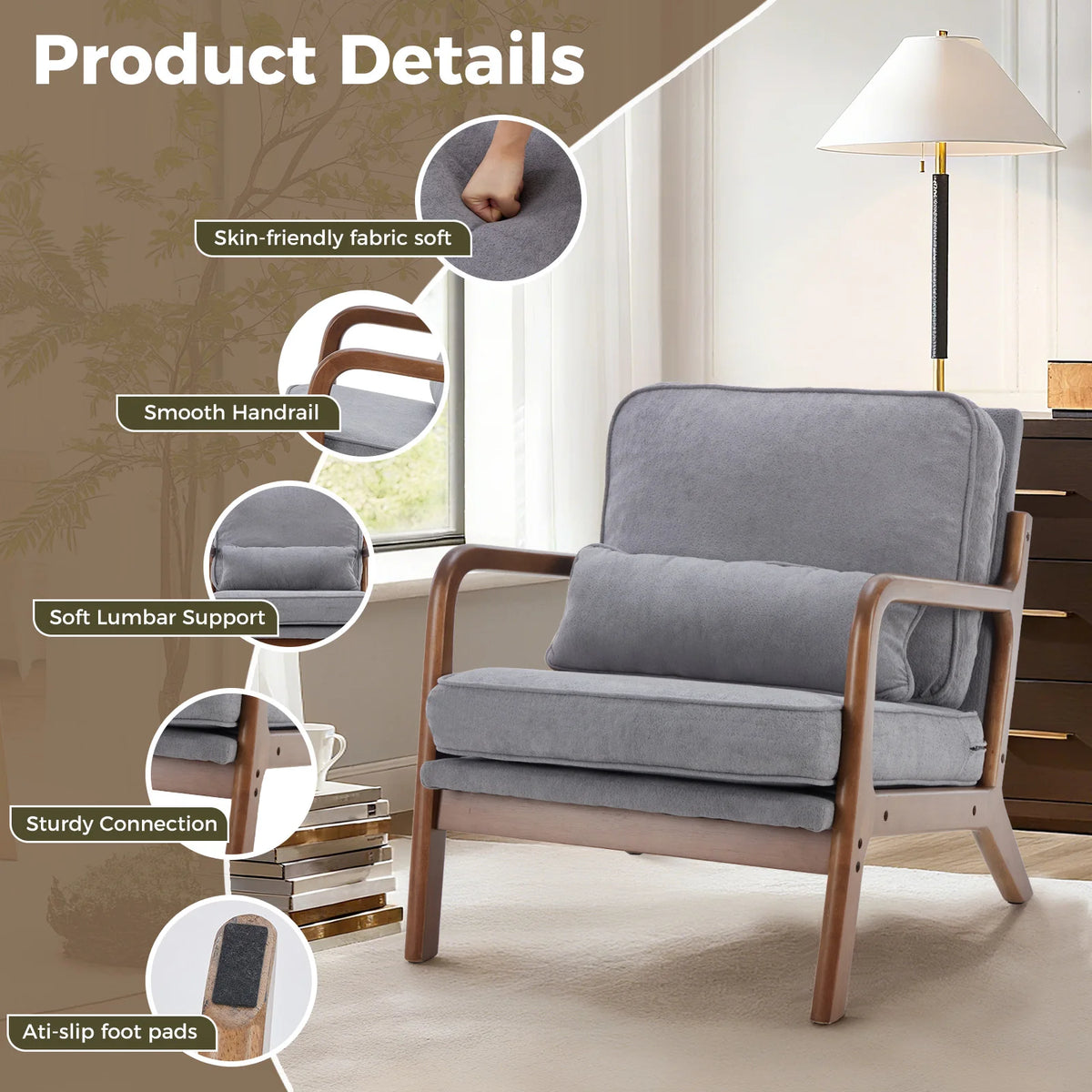 JHK Mid Century Modern Wooden Accent Chair With Lumbar Cushion