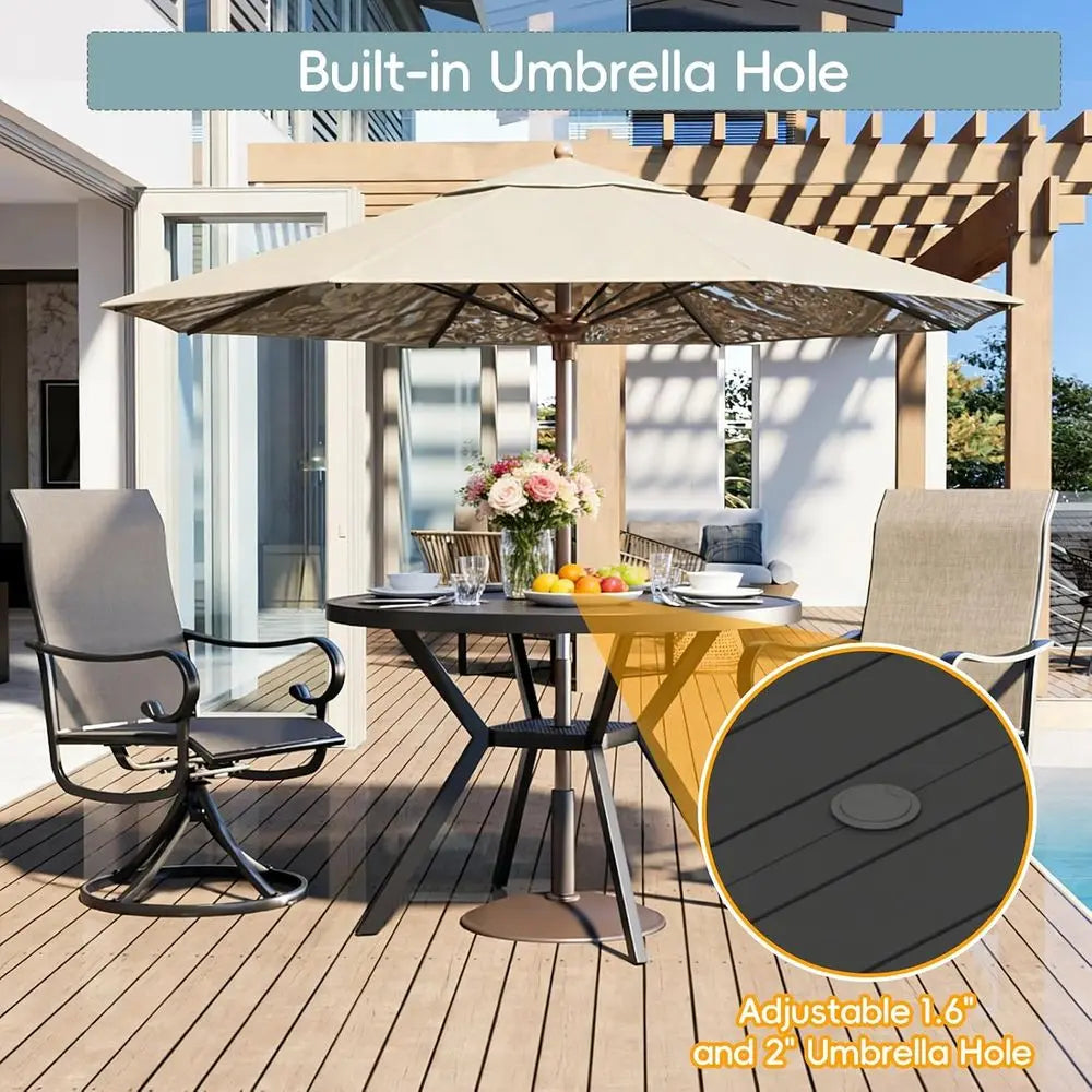 Round All-Weather Metal Patio Dining Table with Adjustable Umbrella Hole for Outdoor Garden and Backyard, Black