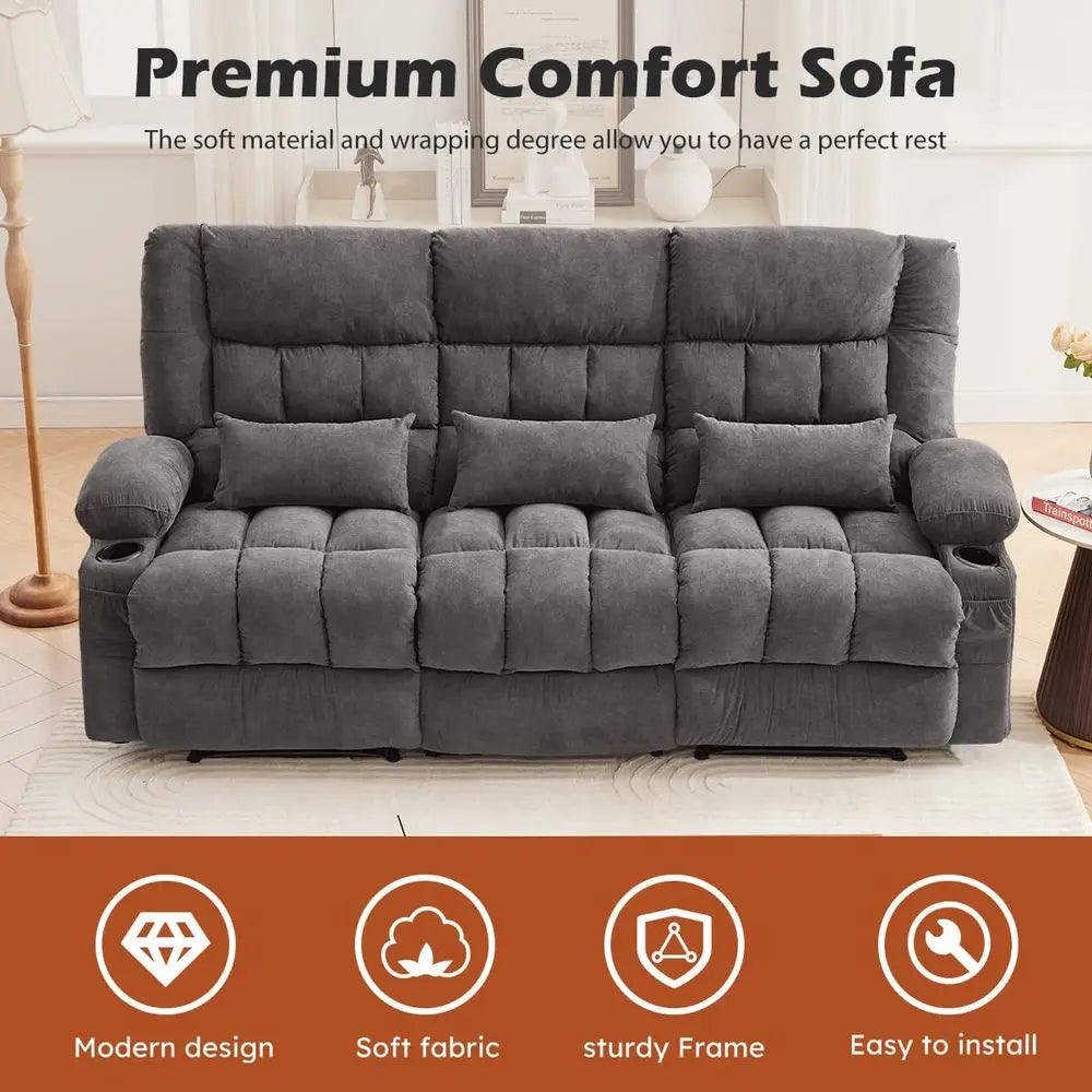 Recliner Sofa with Cup Holders for Living Room 3 Seat Manual Oversized Recliner Chiar with Ergonomic, Side Pocket for Adult