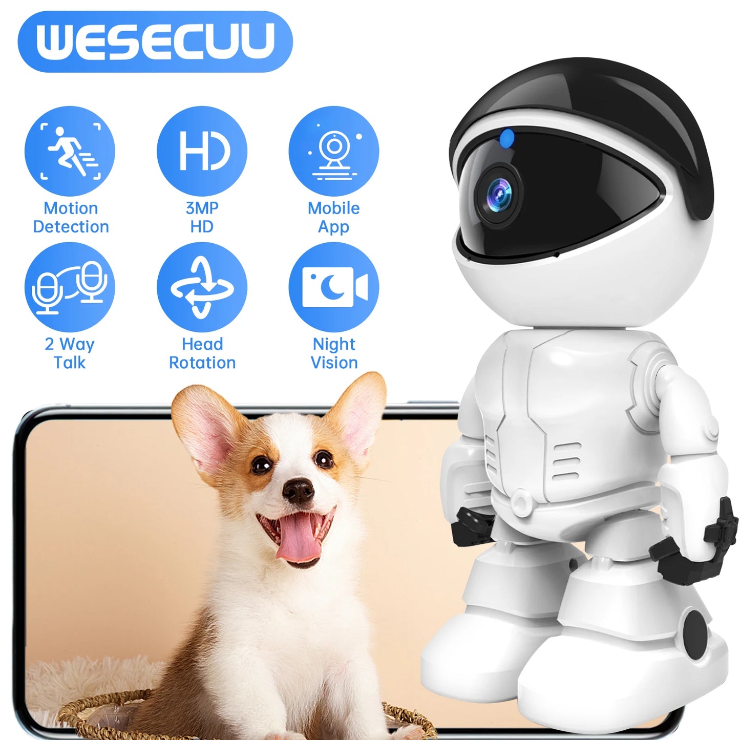 Wescuu 3Mp Wifi Robot Camera Night Vision Auto Tracking Monitor